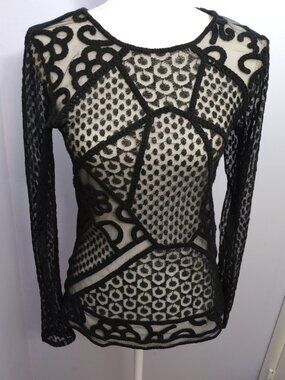 Boho Sheer Mesh & Lace Front Top Black Size Medium Long Sleeve Layering